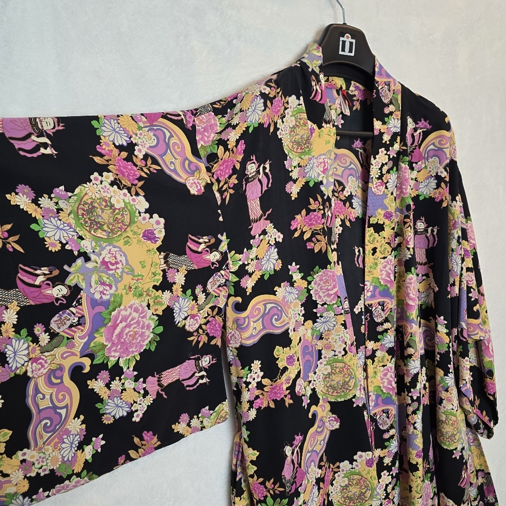 Josie Natori Satin Belted Robe Kimono Maxi Length Japanese Asian Print XL